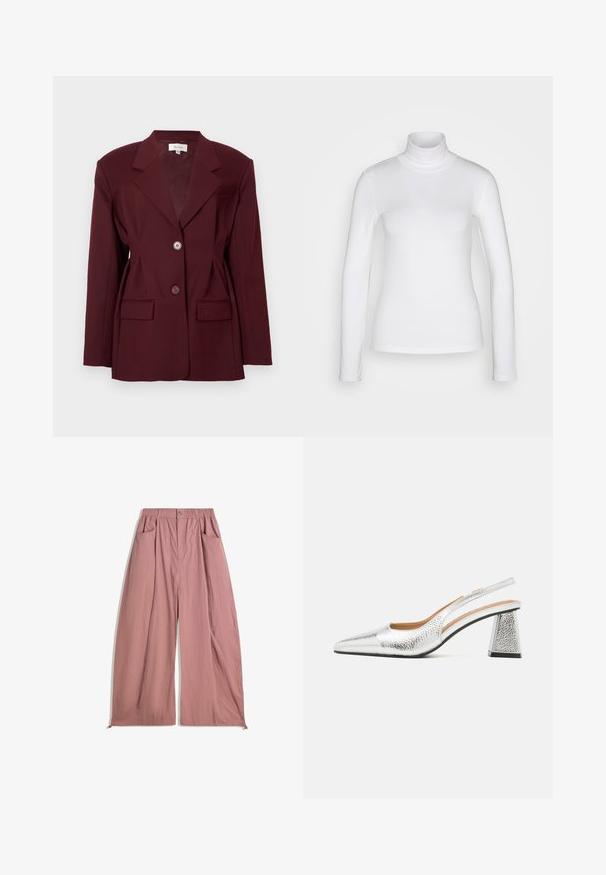 Burgundský blejzer s klopami, dvoma gombíkmi a dvomi prednými vreckami. Hladká tkanina so štruktúrovaným strihom a minimálnym zdobením.; Biela dlhá rukáv turtleneck košeľa vyrobená z hladkej, pružnej látky. Má priliehavý strih a vysoký golier. Bez viditeľných vzorov alebo akcentov.; Voľné, vysoko strihané nohavice z jemného ružovo-ružového materiálu. Obsahujú elastický pás, dve bočné vrecká a hladký, textúrovaný povrch.; Strieborné slingback topánky s špicatou špičkou, textúrovaným metallic povrchom a trojuholníkovým blokovým podpätkom. Interiér obsahuje hnedé kožené detaily.