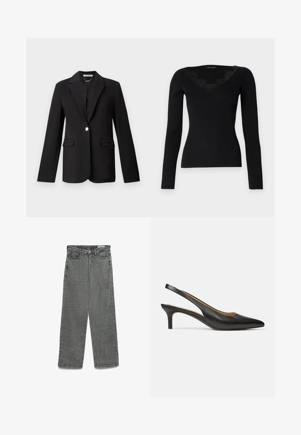 Blazer nero in tessuto liscio con revers a punta, chiusura con un solo bottone e due tasche frontali. Vestibilità sartoriale con maniche lunghe.; Maglietta nera a maniche lunghe in tessuto a coste con scollatura a V e dettagli in pizzo. La texture del tessuto appare liscia e aderente, adatta per look stratificati.; Jeans grigi alti in vita con gamba dritta, chiusura a bottone e cerniera, passanti per cintura e tasche frontali e posteriori.; Décolleté slingback in pelle nera con punta affilata e tacco basso a kitten heel, vista laterale su sfondo bianco uniforme.