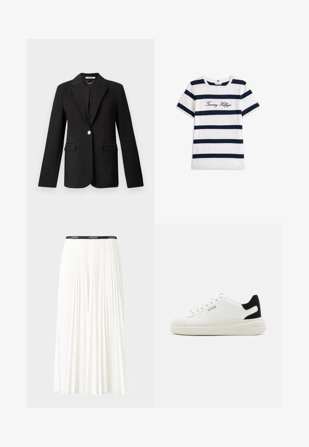 Musta bleiseri, joka on valmistettu sileästä kankaasta, jossa on viistetyt lämmöt, yksittäinen nappikiinnitys ja kaksi etutaskua. Muotoiltu istuvuus pitkillä hihoilla.; Puuvillainen t-paita, jossa on vaakasuoria tummansinisiä raitoja valkoisella taustalla. "Tommy Hilfiger" brodeerattu kursiivilla rintamuksessa. Pyöreä kaula-aukko.; Hame valkoinen pliseerattu hame mustalla joustavalla vyötäröhihnalla, jossa on "LACOSTE"-logo. Puolipitkä malli pehmeällä tekstuurilla.; Valkoiset nahkakengät paksulla valkoisella pohjalla, mustalla mokkanahkaosuudella kannassa ja kohokuvioitu logo sivulla. Nauhakeskitys kuudella reiällä.