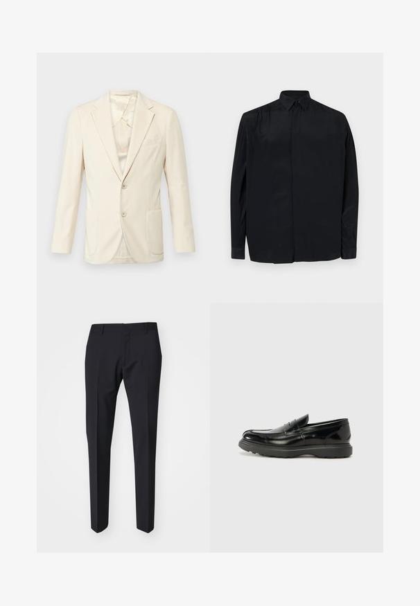 Blazer beige in tessuto texturizzato, design a un bottone, due tasche frontali e revers a scendere. Interno foderato con leggera lucentezza.; Camicia nera a maniche lunghe realizzata in tessuto morbido, con colletto classico, apertura con bottoni e vestibilità rilassata con maniche a polsino.; Pantaloni scuri blu navy con vestibilità slim. Realizzati in tessuto liscio e strutturato, presentano una parte frontale piatta, passanti per cintura e tasche laterali.; Mocassino in pelle nera con finitura lucida, punta arrotondata, dettagli di cucitura sottili e suola in gomma spessa per una maggiore durata.