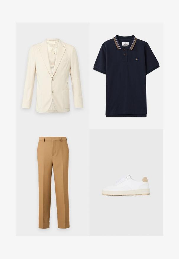 Blazer bej cu un material texturat, design cu un singur nasture, două buzunare frontale și rever cu tăietură. Interior căptușit cu un luciu subtil.; Tricou polo de culoare bleumarin, confecționat din bumbac, cu un guler în dungi crem, maron și mov, având o plachetă cu două butoane și un mic logo brodat.; Pantaloni bej dintr-un material țesut, cu croială dreaptă, față plată și bucle pentru curea. Textură netedă, fără modele vizibile.; Tenisi albi cu vârful jos, cu un exterior din piele texturată, talpă crem cu striații și accent de călcâi în nuanță de bej. Au șireturi albe și detalii cu logo pe călcâi.