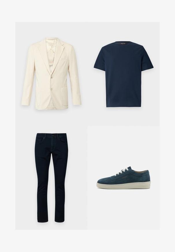 Bežs žakets ar strukturētu audumu, vienrindas dizains, divas priekšējās kabatas un ar ielocītiem uzlādes galiem. Iekšpuse ar vieglu spīdumu.; Jūras zila īsām piedurknēm T-krekls, izgatavots no gludas kokvilnas, ar apaļu kaklu un mazu reljefu logotipu kreisajā krūtī.; Tumši zili džinsi, izgatavoti no denima, ar klasisku piecu kabatu dizainu, taisnu piegriezumu un smalkiem šuvuma detalēm uz kabatām.; Zilas zamšādas apavi ar noapaļotu purngalu, baltiem šņorēm un gumijas zoli. Iekļauj diskrētu šuvumu un zīmola akcentu sānos.