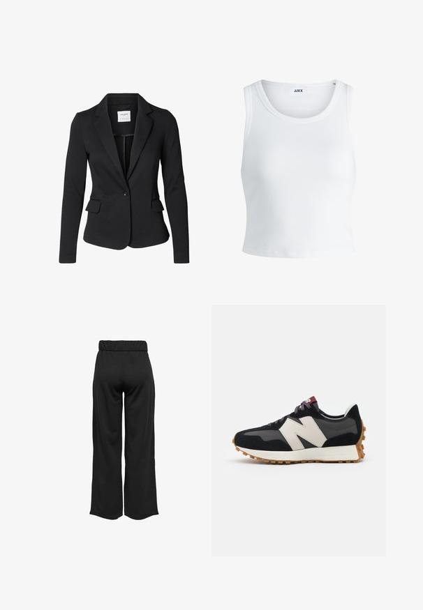 Juodas švarkas, pagamintas iš tekstūruoto audinio, turintis vieną mygtuką, įpjovimus ant apykaklės ir dvi šonines kišenes. Nėra matomų raštų ar akcentų.; Balta raukšlėta tank top marškinėliai su apvaliu iškirpimu, be rankovių dizainu ir trumpa ilgio. Etiketėje parašyta "JJXX." Lygus audinio paviršius.; Juodos, plačios kelnės su elastinga juosta, pagamintos iš lygaus audinio. Pasižymi švariu dizainu, be kišenių ar matomų siūlių detalių.; Juoda ir pilka zomšinė sportinė avalynė su dideliu kreminiu "N" logotipu, violetinėmis raištelėmis ir tekstūruota gumos padu.