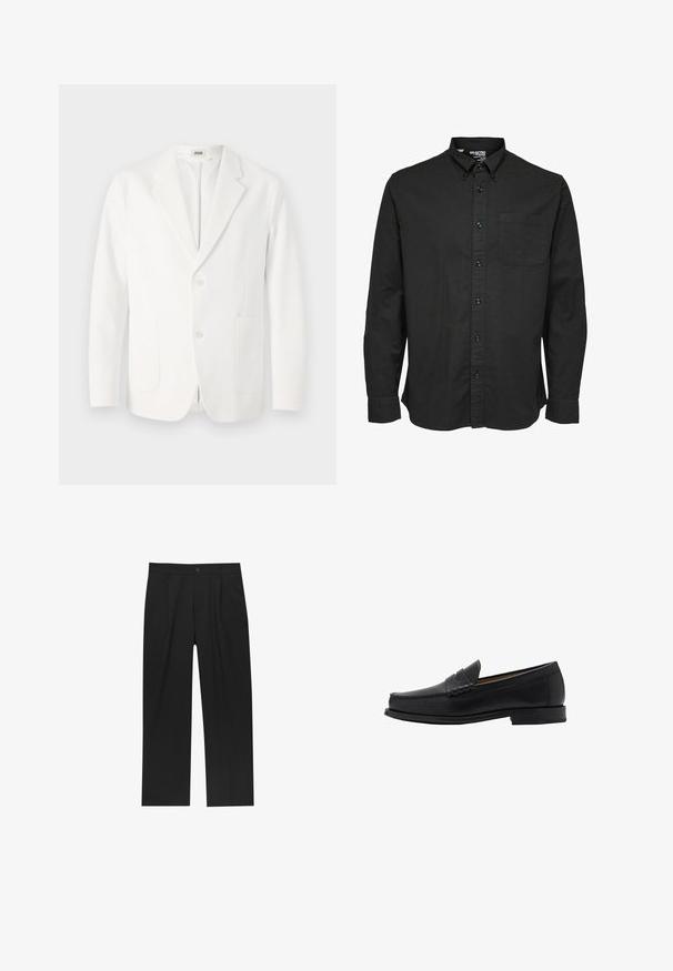 Biely blazer vyrobený z hladkej tkaniny, s klopovým golierom, dvomi gombíkmi a dvoma prednými vreckami. Jednoduchý, prispôsobený dizajn.; Čierna košeľa s dlhým rukávom na gombíky z bavlnenej tkaniny, s klasikcým golierom, prednou vreckom a zladenými čiernymi gombíkmi.; Čierne nohavice s rovnými nohavicami, vyrobené z hladkej tkaniny. Majú predné puky a jediné gombíkové zapínanie v páse.; Mango Elegantné našuchovačky - black