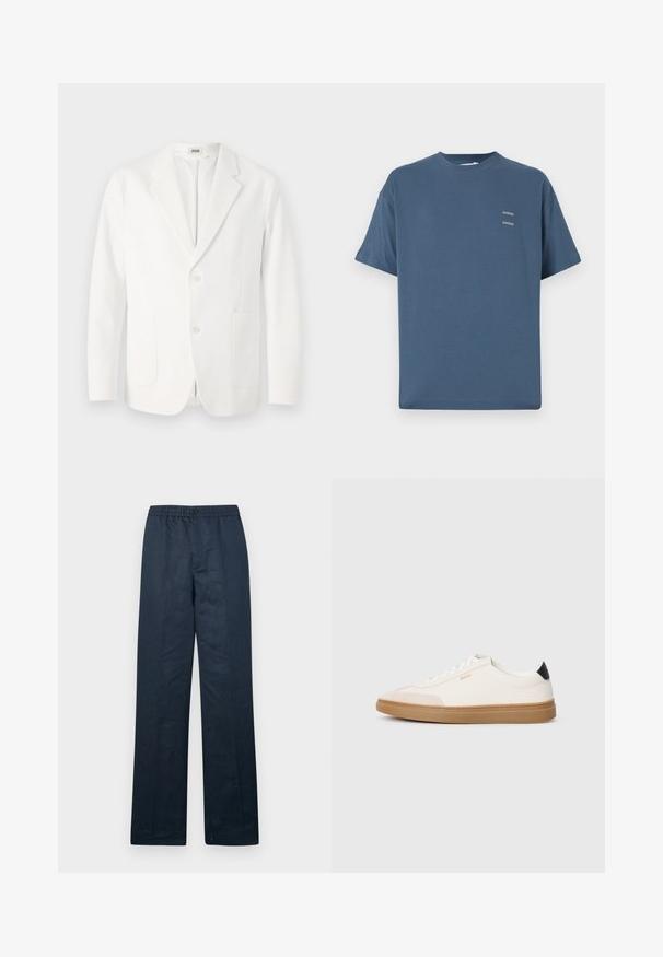 White blazer made of smooth fabric, featuring a notched lapel, two buttons, and two front pockets. Simple, tailored design.; Blue cotton t-shirt with a classic crew neck, short sleeves, relaxed fit, and two small printed logos on the chest. Smooth texture.; Navy blue linen pants with a relaxed fit, elastic waistband, and single button closure. Features straight legs and minimal texture.; White sneakers with beige accents, smooth leather upper, rounded toe, and rubber gum sole, featuring a black heel tab and subtle branding.