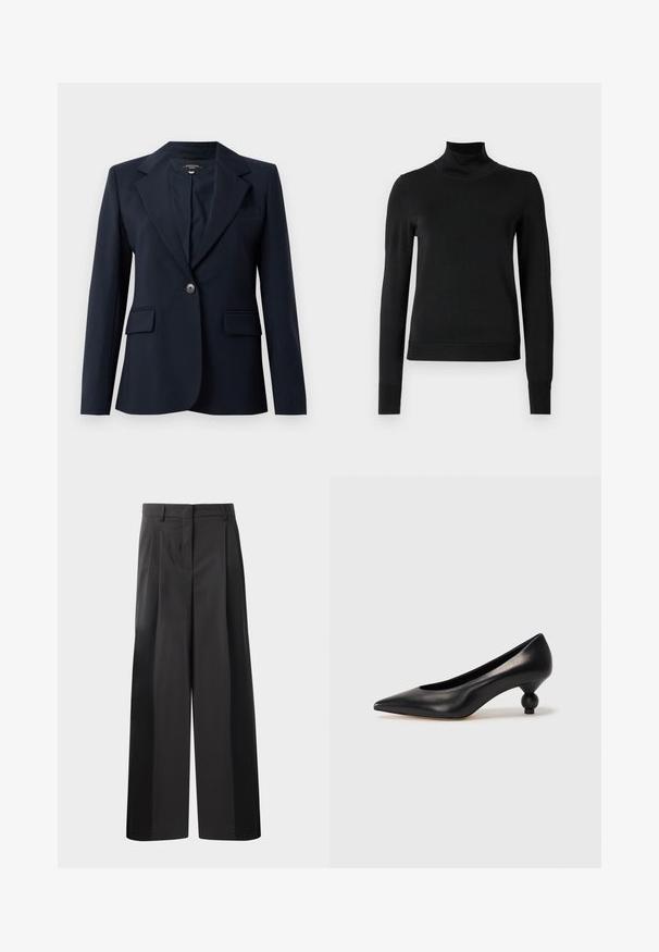 Blazer navy realizzato in tessuto liscio, presenta rever a punta, chiusura con un bottone, due tasche frontali e una tasca sul petto.; Pullover nero a maniche lunghe con collo alto, rifinito con polsini e orlo a coste, mostrato su uno sfondo bianco semplice.; Pantaloni neri a gamba larga con vita alta, caratterizzati da pieghe frontali, una texture liscia e una finitura sartoriale. Progettati per un fit rilassato.; Scarpa con tacco alto in pelle nera, con punta affilata e tacco arrotondato e bombato. Texture liscia con un design elegante e minimalista.