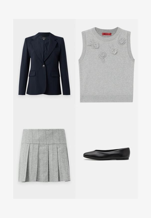 Sötétkék blézer sima anyagból, melynek kihajtott gallérja, egysoros gombzárása, két elülső zsebe és egy mellzsebe van.; Világosszürke, ujjatlan pulóver bordázott dekoltárral és széllel. Az elején három textúrált virágformájú appliqué található. Márka: MAX&Co.; Szürke plisszírozott szoknya heringcsont mintájú anyagból; struktúrált derékpánttal rendelkezik, és egyenes vonalú alja van.; Paul Smith TOPANGA - Balerina cipők - black