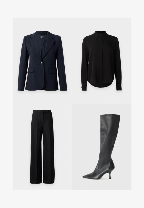 Marineblazer gemaakt van soepele stof, met een gelapte revers, één knoopsluiting, twee frontrugzakken en een borstzak.; Zwarte blouse met lange mouwen, spitse kraag, verborgen knoopsluiting en afgeronde zoom tegen een eenvoudige witte achtergrond.; Wijde zwarte broek met een gladde, matte textuur. Plat tailleband zonder zichtbare hardware of patronen. Eenvoudig en elegant ontwerp.; Kniehoge zwarte leren laarzen met een spitse neus en een slanke stilettohak. Glad textuur met een aansluitend ontwerp en stiksels aan de bovenrand.