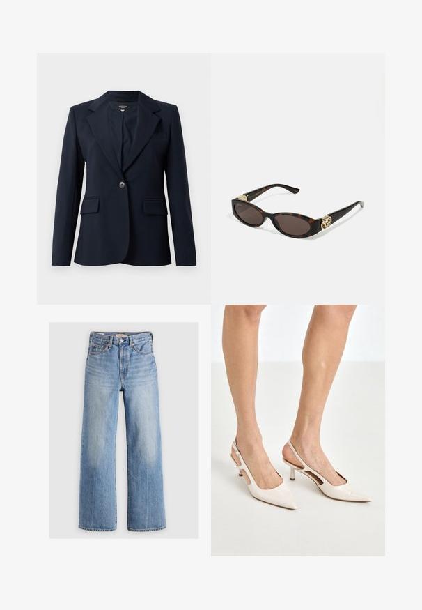 Blazer navy dintr-un material neted, cu rever în v, închidere cu un singur nasture, două buzunare frontale și un buzunar pe piept.; Cămașă albă cu nasturi, confecționată din bumbac neted, cu guler clasic, având o tivă dreaptă și nasturi bej pe față.; Blugi largi din denim de un albastru deschis, cu talie înaltă, zone decolorate, cinci buzunare și cusături contrastante. Închidere clasică cu nasture și fermoar.; Cizme slingback din piele vopsită bej, cu vârf ascuțit și toc de 5 cm, având laterale decupate și o curea subțire la gleznă.; Ochelari de soare din țiglă cu lentile ovale alungite, nuanță maro, accente cu logo auriu pe brațele laterale și brațe negre elegante.