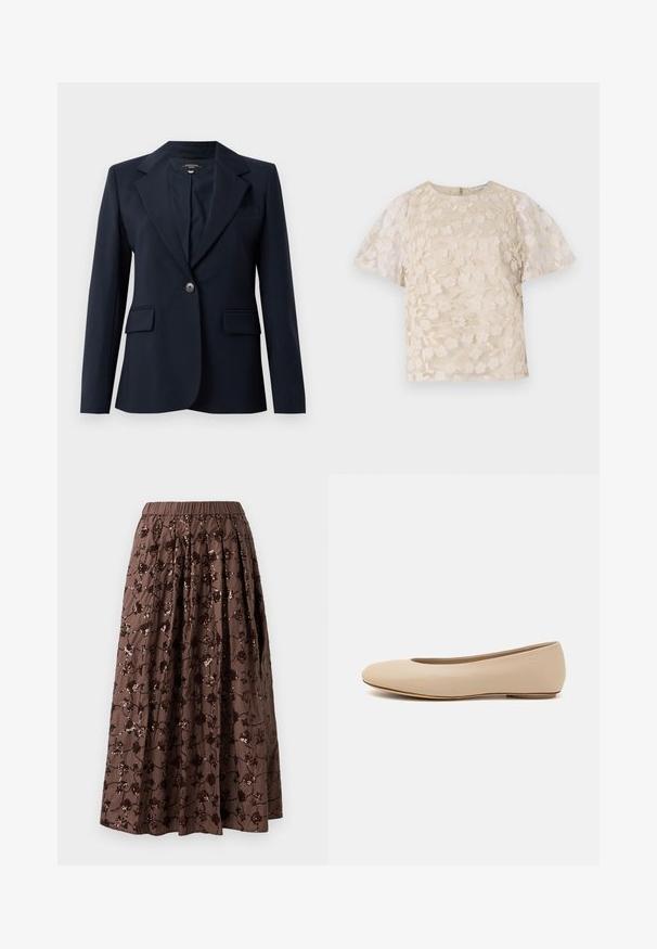 Sötétkék blézer sima anyagból, melynek kihajtott gallérja, egysoros gombzárása, két elülső zsebe és egy mellzsebe van.; Beige blúz virágos hímzéssel, áttetsző puffos ujjakkal, kerek nyakkivágással és hátsó cipzáras zárással. Textúrált virágmintázat az elülső panelen.; Barna midi szoknya elasztikus derékrésszel, virágos flitteres díszítéssel, pliszírozott kialakítással és sima szövet textúrával.; Beige bőr balettcipő lekerekített orral, minimális varrás részletekkel, alacsony sarkú és diszkrét logóval a hátsó részen. Simább, matt textúrájú.