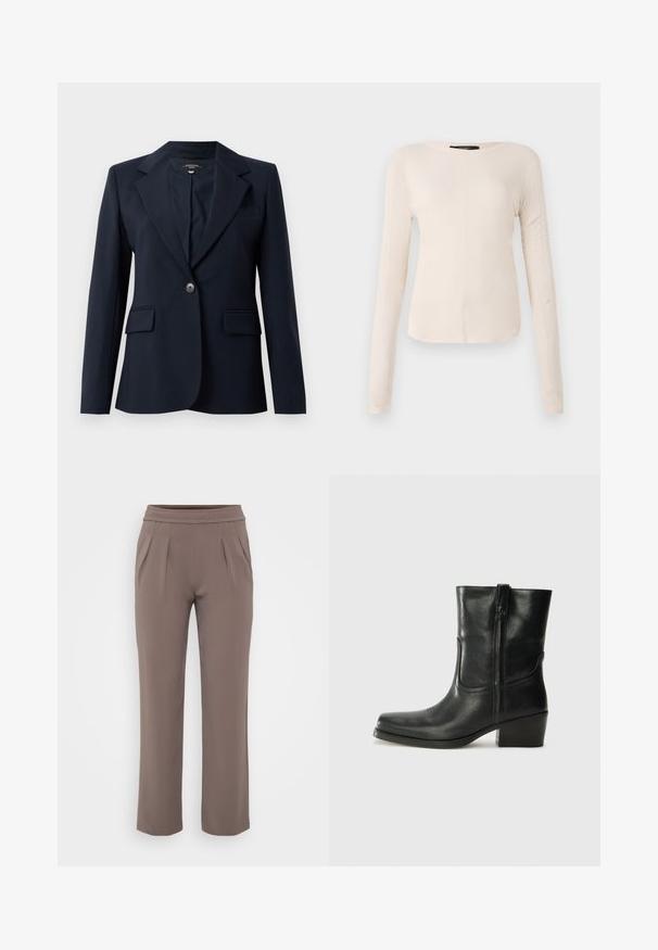 Blazer navy hecho de tejido suave, presenta un cuello con muesca, cierre de un botón, dos bolsillos frontales y un bolsillo en el pecho.; Top de manga larga, color beige claro, con cuello redondo. Fabricado en un tejido suave, presenta una costura central y un dobladillo ligeramente curvado. Sin herrajes visibles.; Pantalones sueltos color topo con cinturilla elástica y pliegues frontales, hechos de una tela suave.; Botín negro de cuero hasta el tobillo con punta redondeada, tacón cuadrado, cremallera lateral y detalles de costura en el empeine. Textura suave, diseño clásico.