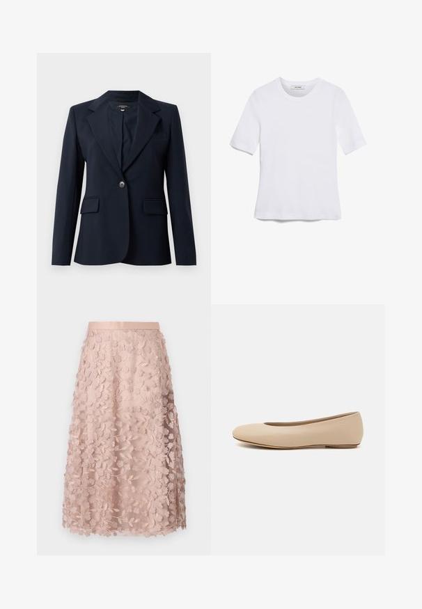 Jūras spēku bleizeris, izgatavots no gludas auduma, ar izgrieztu apkakli, vienu pogu aizdari, divām priekšējām kabatām un krūšu kabatu.; Balta īsām piedurknēm T-krekls, izgatavots no ribota auduma. Apaļš izgriezums, regulāra piegriezuma un diskrēti šuvumu detaļas. Bez printiem vai grafikām.; Mežģīņu midi svārki maigā pinka krāsā ar ziedu izšuvumu, ar pieguļošu vidukļa līniju un slāņainu dizainu, izceļot smalku tekstūru.; Bežs ādas deju zābaciņš ar noapaļu purngalu, minimālu šuvju detaļām, zemu papēdi un diskrētu logotipu aizmugurē. Gluda, matēta tekstūra.