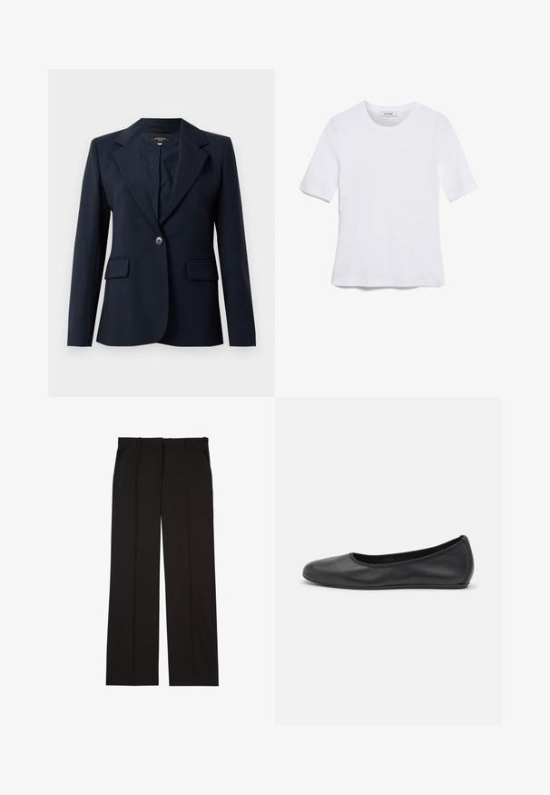 Blazer navy hecho de tejido suave, presenta un cuello con muesca, cierre de un botón, dos bolsillos frontales y un bolsillo en el pecho.; Camiseta de manga corta blanca hecha de tela de canalé. Cuello redondo, corte regular y detalles de costura sutiles. Sin patrones ni gráficos.; Pantalones negros ajustados hechos de una tela suave, con un diseño de pierna recta y dos bolsillos laterales. Construcción elegante y minimalista.; Bailarina de piel negra con punta redondeada, textura suave, detalle de costura minimalista y diseño de suela flexible.
