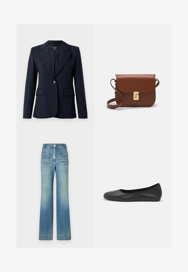 Jūrinis bleizeris, pagamintas iš lygios medžiagos, turi iškirptą apykaklę, vieną mygtuką, dvi priekinės kišenes ir vieną krūtinės kišenę.; Balta trumpa rankovėmis marškinėliai, pagaminti iš pasiruošusio audinio. Apvali iškirptė, reguliari tinkamumas ir subtilūs siuvimo detalės. Be raštų ar grafikos.; Šviesiai mėlynos džinsinės platėjančios kelnės su penkiomis kišenėmis, diržo kilpojais, mygtuko uždarymu ir šiek tiek nusidėvėjusia struktūra, su raudonu logotipo akcentu ant nugaros.; Juodai odiniai baletai su apvaliu pirštu, lygi texture, minimalus siuvimo detales ir lanksčiu padų dizainu.; Ruda odinė rankinė su uždaromu dangteliu, aukso spalvos detalėmis, petneša ir lygiu paviršiumi. Kompaktiška stačiakampio formos.