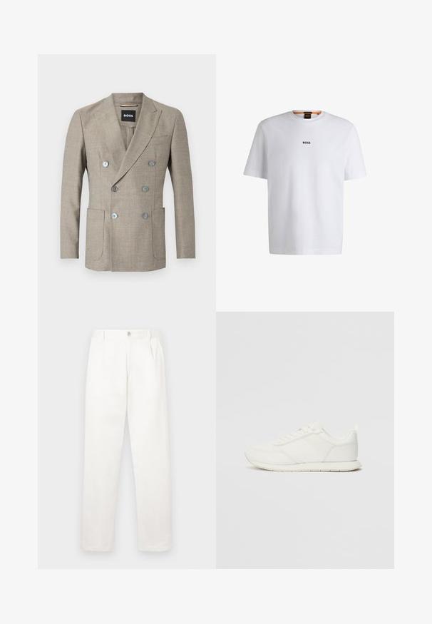 Sacou bej cu două rânduri de nasturi, fabricat dintr-un material texturat, având două buzunare frontale și nasturi metalici. Eticheta afișează "BOSS."; Tricou alb din bumbac cu mâneci scurte, având un logo negru "BOSS" centrat pe piept și un guler rotund.; Pantaloni albi confecționați dintr-un material neted, având un design cu picior drept, pliseuri frontale și un sistem de închidere cu un singur nasture la talie.; Tenis alb cu un superior din plasă și material sintetic, vârf rotund, șireturi plate și o dungi texturată pe lateral. Talpă din cauciuc cu un tab la spate.