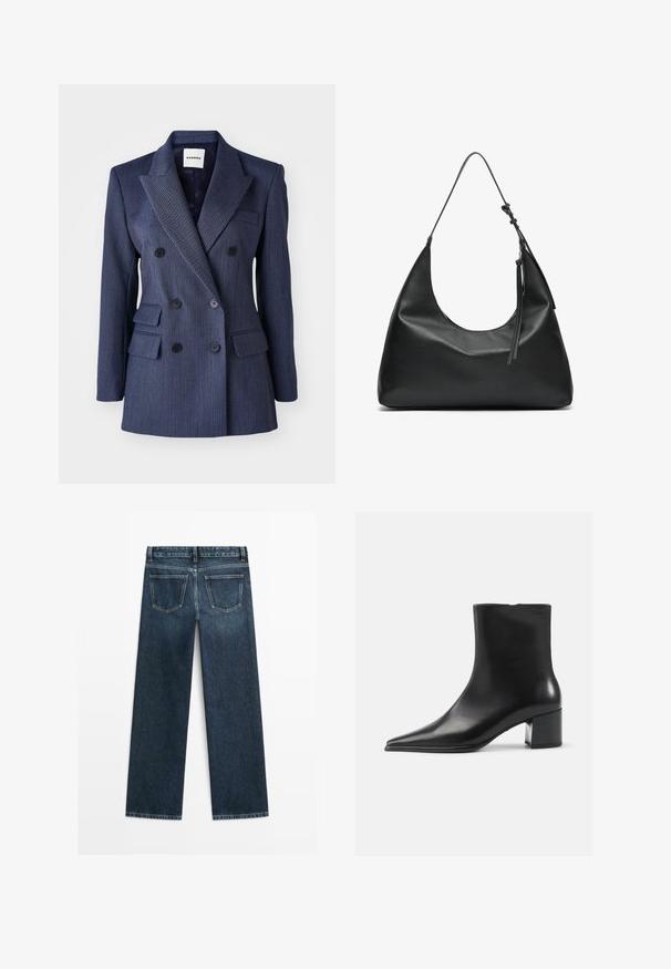 Marineblaue, doppelt geknöpfte Blazerjacke mit Nadelstreifen, Revers, vorderen Taschen und schwarzen Knöpfen, die eine taillierte Passform und eine strukturierte Silhouette bietet.; Dunkelgrauer, schulterfreier Pullover aus einem weichen Material. Er hat lange Ärmel und eine lockere Passform mit einem weiten Ausschnitt.; Dunkelblaue Jeans im geraden Schnitt, mit zwei Gesäßtaschen und sichtbaren Nähten entlang der Nähte und Säume.; Schwarze Lederschnürstiefelette mit spitzer Zehenform, glatter Textur und mittelhohem Blockabsatz. Minimalistisches Design, Reißverschluss hinten.; Schwarze Leder-Schultertasche mit geschwungener Form, glatter Textur und einem langen, verstellbaren Riemen. Verfügt über ein dezentes Knotendetail und ein minimalistischem Design.