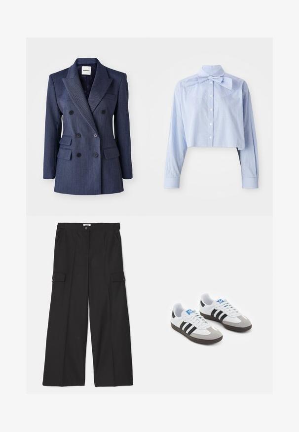 Marineblaue, doppelt geknöpfte Blazerjacke mit Nadelstreifen, Revers, vorderen Taschen und schwarzen Knöpfen, die eine taillierte Passform und eine strukturierte Silhouette bietet.; Hellblau-weißes, klein kariertes, kurzes Blüschen mit langen Ärmeln, Knopfleiste, hohem Kragen und großem Schleifendetail.; Schwarze weite Hosen aus einem glatten, strapazierfähigen Stoff. Mit vorderen Taschen und zwei Cargotaschen mit Knopfverschluss.; Sportschuhe mit einem Obermaterial aus weißem Leder, grauer Wildleder-Zehenkappe und drei schwarzen Streifen. Sie verfügen über ein blaues Logo auf der Zunge und eine strukturierte Gummisohle.