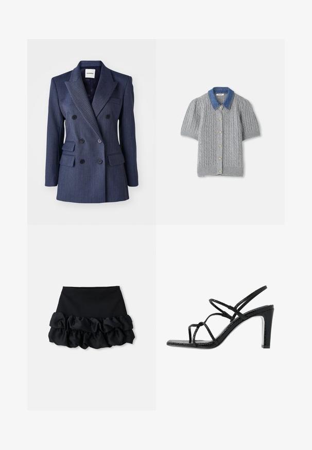 Blazer doppiopetto blu navy con righe sottili, revers a punta, tasche frontali e bottoni neri, caratterizzato da una vestibilità su misura e una forma strutturata.; Cardigan corto grigio a maniche corte lavorato a maglia con motivo a treccia, dotato di un colletto in denim e cinque bottoni dorati sul davanti.; Gonna mini nera con una parte superiore aderente e tre strati di tessuto arricciato nella parte inferiore, con una consistenza liscia e linee pulite.; Sandali neri con tacco alto, dotati di sottili cinturini, finitura testurizzata, punta aperta e un design elegante con tacco affusolato. Presentano una soletta morbida e una superficie lucida.