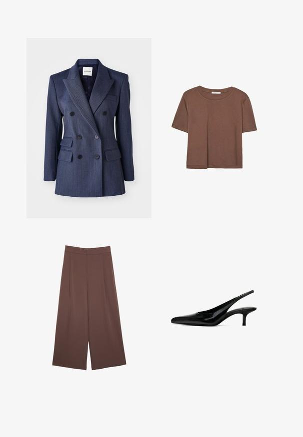 Navy blue double-breasted blazer with pinstripes, notched lapels, front pockets, and black buttons, featuring a tailored fit and structured shape.; Brown short-sleeve t-shirt made of soft fabric, with a round neckline and relaxed fit. No visible patterns or accents.; Brown wide-leg trousers with a smooth texture, featuring a high waist and front pleats. The fabric is lightweight and flows loosely.; Black pointed-toe slingback shoe with a glossy leather finish and a thin, low heel. Features a cutout on the side for breathability.