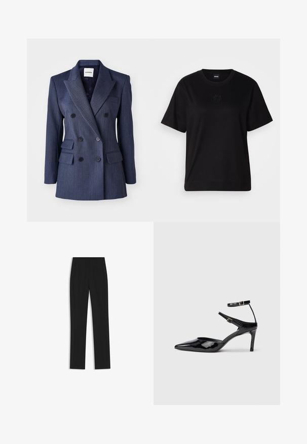 Navy blue double-breasted blazer with pinstripes, notched lapels, front pockets, and black buttons, featuring a tailored fit and structured shape.; Black cotton t-shirt with a crew neckline, short sleeves, and an embroidered logo on the chest. Simple, relaxed fit with no patterns.; Black tailored trousers with a straight-leg design, featuring front pockets and a smooth, textured fabric. Neat, minimal detailing.; Black patent leather heels with a pointed toe, adjustable ankle straps, and a slender heel. Smooth texture with a shiny finish.