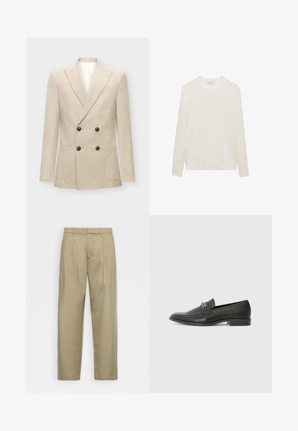 Bežna dvoredna blazer jakna izdelana iz mešanice lana. Ima dva sprednja žepa in črne gumbe. Čista, strukturirana zasnova z ostrimi reverji.; Kremna dolga majica s poudarjenimi rokavi, okroglo izrezom in ravnim robom. Narejena iz mehkega materiala za udobje.; Bež hlače visoko pasu s ravnim krojem, z ravnim sprednjim delom, stranskimi žepi in gladkim, teksturiranim materialom.; Črni usnjeni loafer z gladko površino, ki ima šivano zasnovo in dekorativni kovinski verižni naglas preko vampirja. Ravno peto.