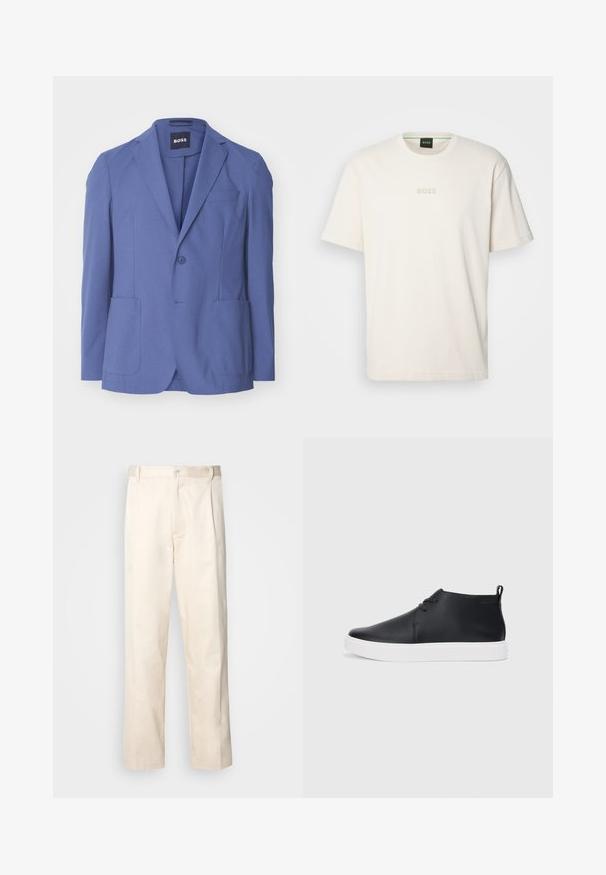 Kék blézer, egy gombbal, fokozatos hajtókával, két elülső zsebbel és egy mellzsebbel. Simaságot biztosító anyagból készült, test pontos illeszkedéssel.; BOSS TEE - Basic póló - open white; Beige pamut nadrág egyenes szárú kivágással, gombos záródással és elülső redőkkel a részletek fokozása érdekében.; Fekete bőr magas szárú sneakers, sima felülettel, fehér gumi talppal és egyszerű, fűzős dizájnnal. Hátul húzófül található.
