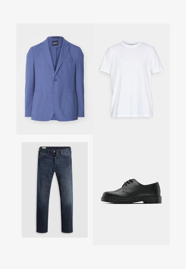 Modrá sako s jedním knoflíkem, s klopami, dvěma předními kapsami a náprsní kapsou. Vyrobeno z hladké tkaniny s přiléhavým střihem.; Bílé bavlněné tričko s krátkým rukávem, kulatým výstřihem a volným střihem. Má minimalistický design, bez vzorů nebo akcentů.; Tmavě modré džíny z denimu se střihy rovnými nohavicemi, se zipem na přední straně, kovovými knoflíky a měděnými nýtovými doplňky. Hladký povrch, bez viditelných vzorů.; Černé kožené oxfordy s šněrováním, zakulacenou špičkou, plochou gumovou podrážkou a jemným prošíváním podél svršku.