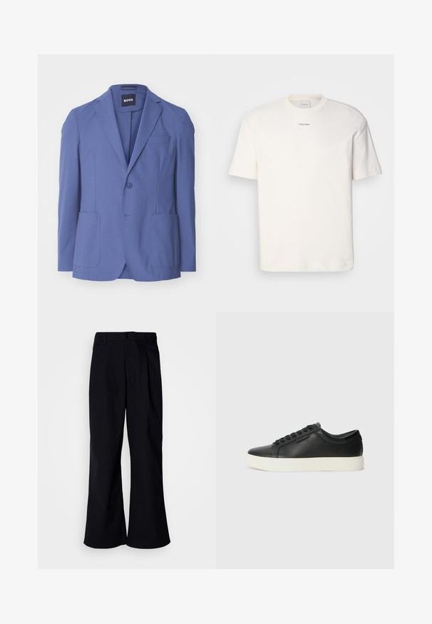 Mėlynas švarkas su viena saga, su įpjovomis ant pečių, dviem priekinėmis kišenėmis ir vienu krūtinės kišeniu. Pagamintas iš glotnaus audinio su pritaikytu siluetu.; Balta medvilninė marškinėlių suapvalintu kaklu, trumpomis rankovėmis ir siuvinėtu "Calvin Klein" logotipu krūtinės centre. Paprastas dizainas.; Juodos plačios kelnės iš medvilnės su priekiniais klostėmis, pasižyminčios mygtuko uždarymu ir diržo kilpomis, lygia tekstūra ir be matomų raštų.; Juodi odiniai sportbačiai su perforuotu paviršiumi, apvaliu pirštu ir plokščiu baltu guminiu padu. Yra juodos raišteliai ir subtili logotipo detalė šone.