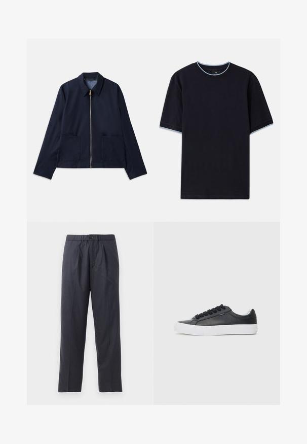 Marineblå jakke med lynlås, spidse krave og to forlommer. Glat stof med skræddersyet, cropped design. Guldhardware detaljer.; Mørkeblå kortærmet t-shirt med rund halsudskæring, udstyret med lys blå accent ved kraven og ærmerne. Lavet af blødt bomuldsstof.; Mørkeblå bukser lavet af blødt stof med plisseret frontdesign og elastisk talje. Funktioner en knappelukning og lige ben.; Sort lædersneaker med hvid gummisål, rund tå og sorte snørebånd, med en glat tekstur og minimalistisk design.