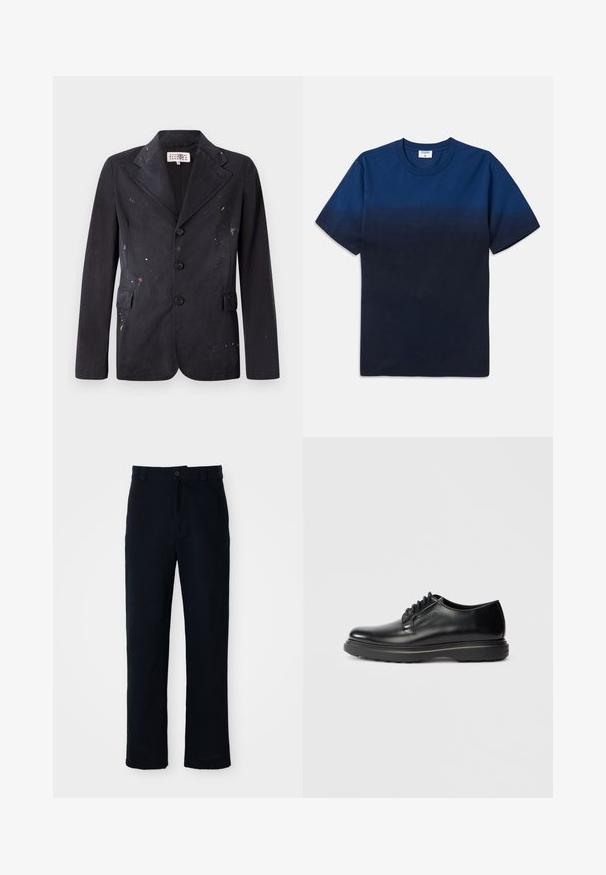 Mustast puuvillane bleiser, millel on kohandatud disain, notšiga krae, neli nuppu ja erinevates värvides värviplekid kogu kangal.; Tumesinine puuvillane T-särk ümmarguse kaeluse, lühikeste varrukate ja peene gradientmustriga, mis üleminekut kergematest tumedamatesse toonidesse.; Tumed sinelased püksid puuvillast, sirge lõikega, eesnupu sulgemisega ning klassikalise vöökohaga, kus on vööaasad.; Mustmust lakkprintsaapad, millel on paks tald ja küljele on reljeefselt pressitud "WATERMAN", esitatud profiilis helesinise tausta ees.