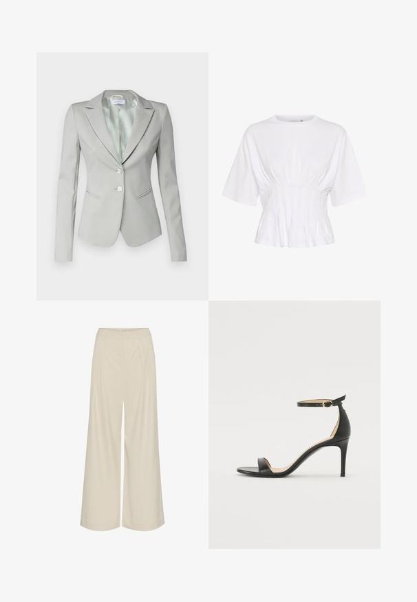 Vaaleanharmaa räätälöity bleiseri, jossa on lovetettu kaulus, kaksi hopeista nappia, sivutaskut ja sileä vuori. Sijoitus on kapea.; Valkoinen lyhythihainen paita, joka on valmistettu pehmeästä kankaasta. Tässä paidassa on pyöreä pääntie ja gathered-yksityiskohtia vyötäröllä, mikä luo istuvan ilmeen.; Lepakka verkkohousut vaaleassa beigen kankaassa, joissa on laskokset, korkea vyötärö ja sileä rakenne ilman näkyviä koristeluja.; Musta nahkainen korkokenkä nilkkahihnalla. Sen pinta on sileä, avotoppi ja ohut korko. Kultasävyinen solk yksityiskohtana.