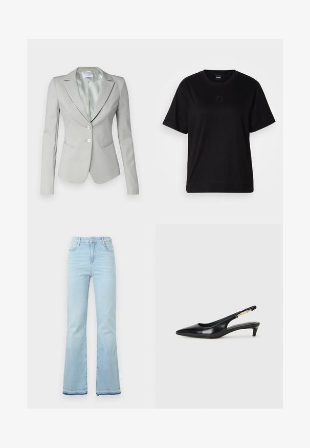 Lys grå tilpasset blazer med spiss krage, to sølvknapper, sidelommer og glatt indre fôr. Har en tettsittende silhuett.; Svart bomull T-skjorte med rund hals, korte ermer og et brodert logo på brystet. Enkel, avslappet passform uten mønstre.; Lyseblå flagrende jeans laget av denim, med høy midje, frontlommer og rå kant ved mansjettene for et uformelt utseende.; Sorte lærreim hæler med spiss tå, som har en slank hæl og en gullfarget detalj på den justerbare stroppen. Glatt tekstur.