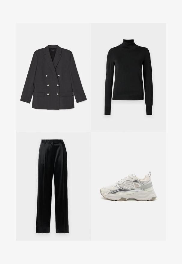 Dobbeltbrystet blazer i mørkegråt stof, med slået krave, to forlommer og seks sølvfarvede knapper. Glat tekstur.; Sort langærmet turtleneck sweater med ribbede manchetter og kant, vist på en simpel hvid baggrund.; Sorte satinbukser med høj talje, lige brede ben, bæltestropper og flad lukning på en ensfarvet hvid baggrund.; Hvide atletiske sneakers med skinnende sølvdetaljer, mesh-paneler og en tyk sål. Har et logo på siden og en tekstureret hæltab.