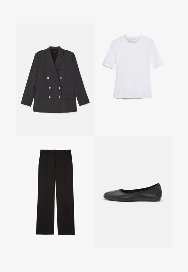 Tumehall hallitusega kahekordne jakker, millel on läbisõidud krae, kaks esist pocketi ja kuus hõbedase tooni nuppu. Sile tekstuur.; Valge lühikeste varrukatega T-särk ribatud kangast. Ümara kaelusega, tavalisest sobivusest ja peente õmbluse detailidega. Ilma mustrite või graafikateta.; Mustad kohandatud püksid sujuvast kangast, sirge jala disainiga ja kahe küljetaskuga. Elegantne ja minimalistik ehitus.; Musthave mustika tantsutossud mustast nahast, ümmarguse varbaga, siledast tekstuurist, minimaalse õmblusdetailiga ja paindliku tallakujundusega.