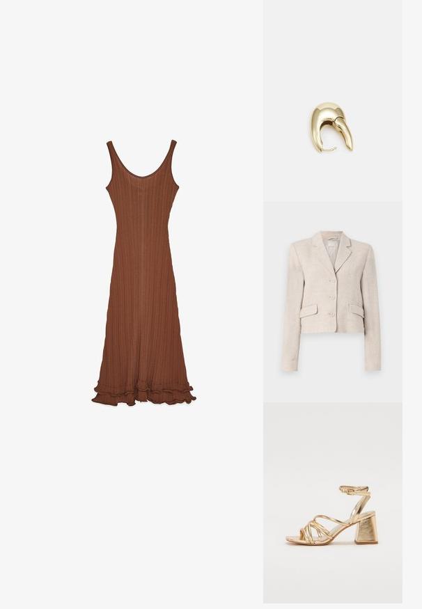 Smėlio spalvos lininis švarkas su pritaikytu kirpimu, su įpjovomis apykaklėmis, trijų mygtukų užsegimu ir dviem priekinių kišenių. Lygus paviršius su subtiliu audiniu.; Ruda juosta su apvaliu kaklu, prigludusia siluetu ir banguotu kraštu. Pagaminta iš tekstūruotos medžiagos, turi glotnų paviršių.; Auksinės metalinės kulniuko šlepetės su juostelėmis, kvadratiniu blokiniu kulnu ir reguliuojamu kulkšnies dirželiu su sagtimi. Lygi tekstūra.; Aukso tono metalinės auskarai su stilingu, kreiviu dizainu. Išsiskiria ryškiu smailiu pavidalu, poliruota paviršiumi ir užsegimu su vyriu.