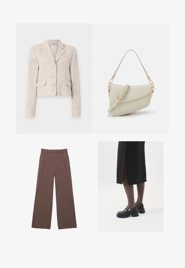Blazer in lino beige con taglio aderente, rever sciallati, chiusura a tre bottoni e due tasche frontali. Texture liscia con un'intrecciatura sottile.; Top senza maniche bianco realizzato in tessuto a coste, caratterizzato da un collo arrotondato e una silhouette aderente, con cuciture minime e senza decorazioni.; Pantaloni a gamba larga in tessuto marrone uniforme, con una trama liscia, pieghe frontali e una vita su misura. Senza loghi o motivi visibili.; Scarpe in pelle nera con punta arrotondata, tacco spesso a blocco e accenti laterali in elastico, abbinate a collant scuri e una gonna nera con uno spacco.; Piccola borsa a tracolla crema con finitura testurizzata, una lunga tracolla regolabile, un accento a catena e chiusura a patta. Dettagli in hardware dorato.; Orecchini a cerchio in argento con un design minimalista. Forma circolare, superficie liscia e profilo sottile. Leggeri con una finitura lucida.