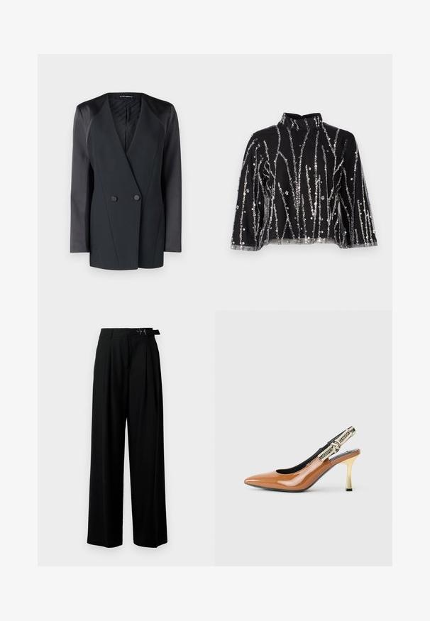 Črni dvoredni blazer s strukturirano silhueto, satenastimi ramenskimi akcenti in teksturirano notranjo podlogo. Gladka tkanina s čistimi linijami.; Črn skrajšan top z visokim ovratnikom, ki ima srebrne sequins vertikalne črte, prosojne rokave in teksturirano blago.; Črne široke hlače z visokim pasom, gubami spredaj in pasom z zaponko. Narejene so iz gladkega, lahkega materiala.; Rjavi lakirani slingback štikle, s koničastim nosom, tanke zlate pete, črn notranji del, tkaninski trak z logotipom na hrbtni strani.