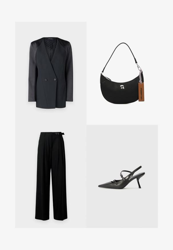 Melns dubultā piegriezuma bleikeris ar strukturētu siluetu, satīna plecu akcentiem un teksturētu iekšējo oderi. Gluda auduma ar tīrām līnijām.; Apgriezts krekls ar baltu apkakli un melnu pieguļošu apakšu, ar pogu detaļām un "KARL LAGERFELD JEANS" logotipu priekšpusē.; Melni plaši bikses ar augsto jostasvītru, priekšā ar krokojiem un jostu ar sprādzi. Izgatavotas no gludas, vieglas auduma.; Melnas ādas slingback papēži ar norādītu purngalu, izsmalcinātu papēdi un dekoratīvu sprādzi uz priekšpuses. Gluda tekstūra un elegants dizains.; Melnas ādas rokassomu ar akmens struktūru, izliekta forma, augšējā rāvējslēdzēja aizvēršana, sudraba detaļas un brūns birkas. Iespējas logotipa akcentam.