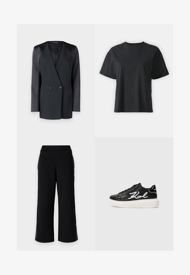 Fekete, dupla soros blézer, strukturált sziluettel, selyem vállrész kiemelésekkel és texturált belső béléssel. Simább anyag, tiszta vonalakkal.; Fekete, rövid ujjú pamut póló, laza szabású, kontrasztos oldalsó panelekre jellemző kis szöveggel és dizájn részletekkel.; Fekete, bő szabású nadrág sima textúrával, oldalán csipkebetéttel és kényelmes, rugalmas derékkal.; Fekete bőr sneaker, fehér hímzett "Karl" részlettel, kerek orral, fűzős kialakítással és vastag fehér talppal, amely textúrázott díszítésekkel rendelkezik.