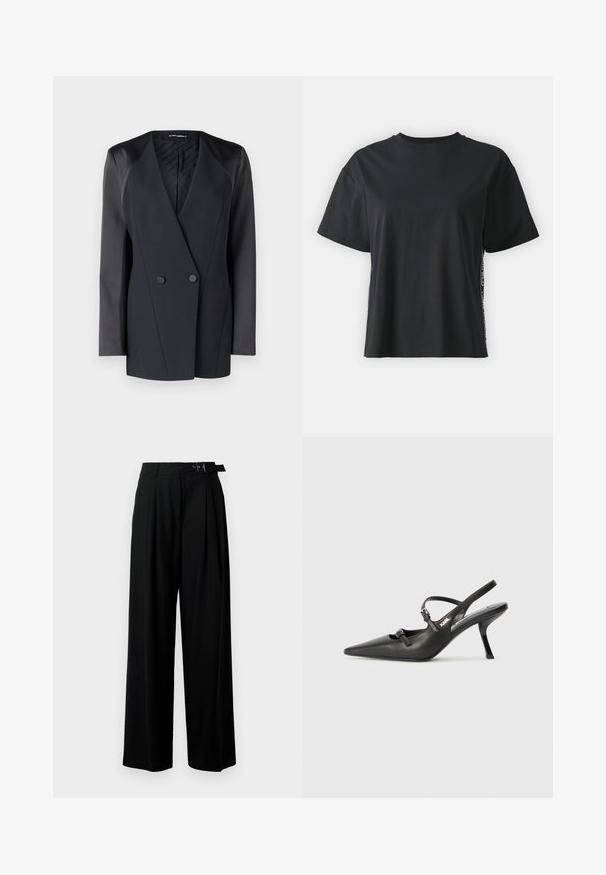 Crni dvostruko kopčani sako sa strukturom, satenskim detaljima na ramenima i teksturiranom unutrašnjosti. Glatka tkanina s urednim linijama.; Crna pamučna majica kratkih rukava s opuštenim krojem i kontrastnim bočnim panelom koji sadrži sitan tekst i detalje dizajna.; Crne široke hlače s visokim strukom, nabranima sprijeda i remenom s kopčom. Izrađene od glatkog, laganog materijala.; Crne kožne štikle sa otvorenom petom, s uskim vrhom i dekorativnom kopčom na gornjem dijelu. Glatka tekstura i elegantan dizajn.