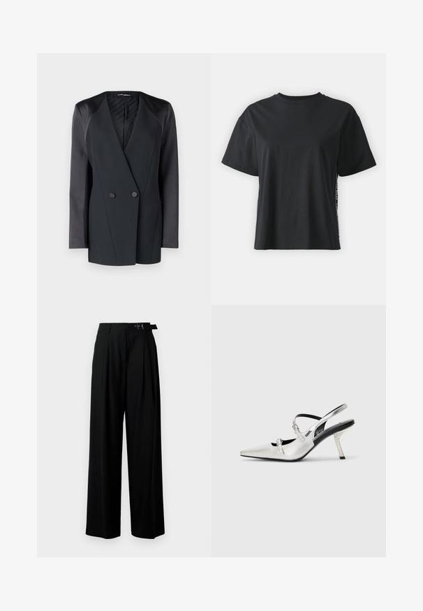 Svart dubbelknäppt blazer med en strukturerad silhuett, satinaxlar och en texturerad innervadding. Slät tyg med rena linjer.; Svart kortärmad t-shirt i bomull med avslappnad passform och kontrasterande sidopanel som har små texter och designdetaljer.; Svarta byxor med vida ben och hög midja, med veck framtill och ett bälte med spänne. Tillverkade av ett mjukt, lätt tyg.; Silver slingback klackar med spetsig tå, med en mjuk metallisk yta, en smal klack och dekorativa remdetaljer.