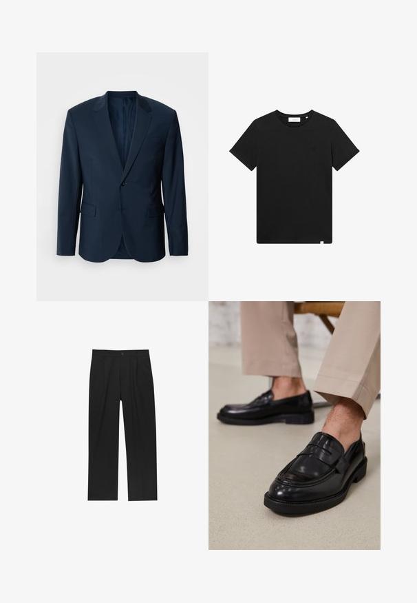 Giacca da abito blu scuro con una texture liscia, design slim fit, chiusura a un bottone, reverse a dente e due tasche frontali.; T-shirt nera a maniche corte in cotone, con scollatura rotonda e un piccolo logo ricamato sul petto. Tessuto liscio, vestibilità standard.; Pantaloni neri con un design a gamba dritta, realizzati in un tessuto liscio. Presentano pieghe frontali e una chiusura a un bottone in vita.; Mocassini in pelle nera con finitura liscia, dotati di una cintura decorativa e cuciture a contrasto, abbinati a pantaloni beige.