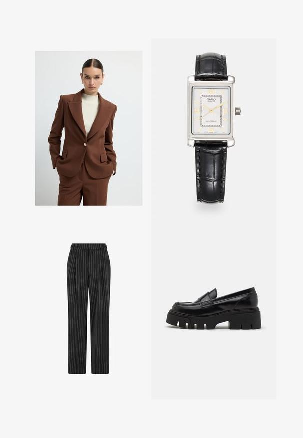 Brązowa dopasowana marynarka z wyraźnymi klapami, z zapięciem na jeden guzik i bocznymi kieszeniami, w zestawieniu z prążkowanym kremowym topem. Gładka tekstura.; Biała prążkowana bluzka na ramiączkach, z szerokimi ramiączkami i dopasowanym krojem, zestawiona z czarnymi spodniami o wysokim stanie i czarnym paskiem.; Czarne spodnie w prążki z wysokim stanem, plisowanym przodem i prostym krojem nogawek. Materiał wydaje się teksturowany i dopasowany, co nadaje im formalny wygląd.; Czarne skórzane mokasyny z masywną, teksturowaną podeszwą oraz dekoracyjnym paskiem na górze. Gładkie, błyszczące wykończenie.; Prostokątny zegarek kwarcowy Casio z srebrną tarczą, złotymi akcentami, czarnym paskiem ze skóry ekologicznej w wytłoczonym wzorze krokodylej skóry oraz funkcją wodoszczelności.