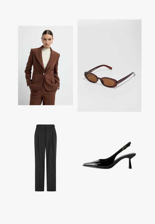 Bruine op maat gemaakte blazer met scherpe revers, enkele knoopsluiting en zijzakken, gecombineerd met een ribbelig crèmekleurig topje. Glad oppervlak.; Witte geribbelde tanktop, met brede schouderbanden en een getailleerd ontwerp, gecombineerd met hoge zwarte broeken en een zwarte riem.; Zwarte gestreepte broek met een hoge taille, geplooide voorkant en een recht, slim-fit ontwerp. De stof lijkt gestructureerd en is op maat gemaakt voor een formele uitstraling.; Zwarte gepatineerde leren slingback pump met een spitse neus, uitsparingen aan de zijkanten, een verstelbare enkelband en een dunne, slanke hak.; Ronde, bruin getinte zonnebril met een glanzend bordeauxrood frame. Slanke pootjes met subtiele merkdetails. Vlakke lensontwerp.; Casio rechthoekige quartzhorloge met een zilveren wijzerplaat, gouden accenten, een zwart krokodillenleder armband en waterdichtheid.