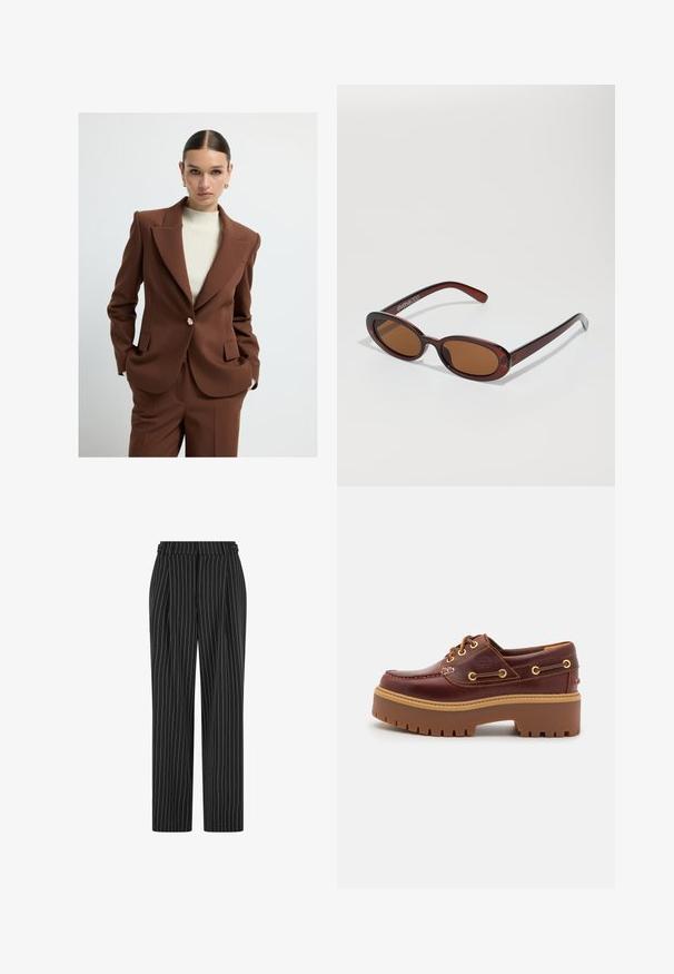 Bruine op maat gemaakte blazer met scherpe revers, enkele knoopsluiting en zijzakken, gecombineerd met een ribbelig crèmekleurig topje. Glad oppervlak.; Witte geribbelde tanktop, met brede schouderbanden en een getailleerd ontwerp, gecombineerd met hoge zwarte broeken en een zwarte riem.; Zwarte gestreepte broek met een hoge taille, geplooide voorkant en een recht, slim-fit ontwerp. De stof lijkt gestructureerd en is op maat gemaakt voor een formele uitstraling.; Bruine leren botenschoenen met een stevige bruine rubberen zool, gouden ogen en contraststiksels. Heeft een logo aan de zijkant.; Ronde, bruin getinte zonnebril met een glanzend bordeauxrood frame. Slanke pootjes met subtiele merkdetails. Vlakke lensontwerp.; Casio rechthoekige quartzhorloge met een zilveren wijzerplaat, gouden accenten, een zwart krokodillenleder armband en waterdichtheid.