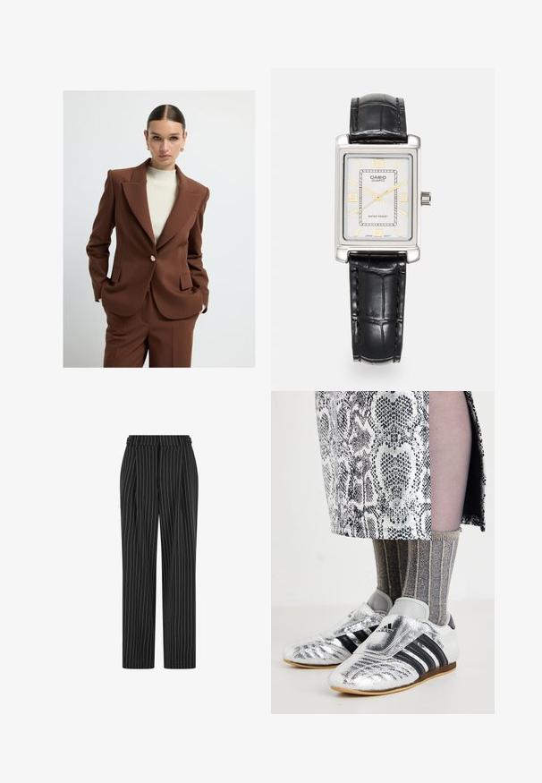 Ruskea räätälöity bleiseri terävillä kauluksilla, yksittäisellä napilla ja sivutaskuilla, yhdistettynä ribatusta kermansävyisestä paidasta. Sujuva rakenne.; Valkoinen ribattava toppi, jossa on leveät olkaimet ja tiukka muotoilu, yhdistettynä korkeavyötäröisiin mustiin housuihin ja mustaan vyöhön.; Mustat raidoitetut housut, joissa on korkea vyötärö, poimuttunut etuosa ja suora lahje. Kangas näyttää teksturoituneelta ja muotoillulta virallista ilmettä varten.; Hopeapohjaiset jalkapallokengät mustilla raidoilla ja tyylikkäällä muotoilulla, yhdistettynä teksturoituihin harmaisiin ja kultaisiin ribbisiin sekä kuviolliseen hameeseen.; Casio-neliömuotoinen kvartsikello, jossa on hopea-kasvo, kultaiset yksityiskohdat, musta krokotiilimuotoinen nahkakaulus ja vesitiivis ominaisuus.