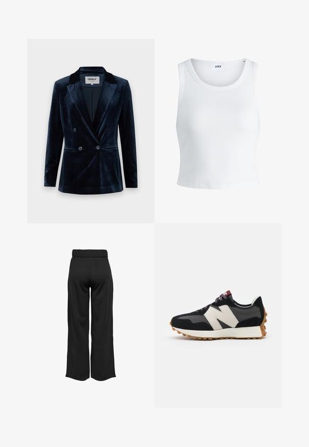 ONLY ONLASTRID ELSY FIT - Blazer - night sky; Top curto branco com nervuras, apresentando um decote redondo, design sem mangas e um comprimento cropped. Rótulo lê "JJXX." Textura de tecido suave.; Calças largas e pretas com uma cinta elástica, feitas de um tecido suave. Apresentam um design limpo, sem bolsos ou detalhes de costura visíveis.; Sneaker em camurça preta e cinza com um grande logótipo "N" creme, cordões roxos e uma sola de borracha texturizada em cor de goma.