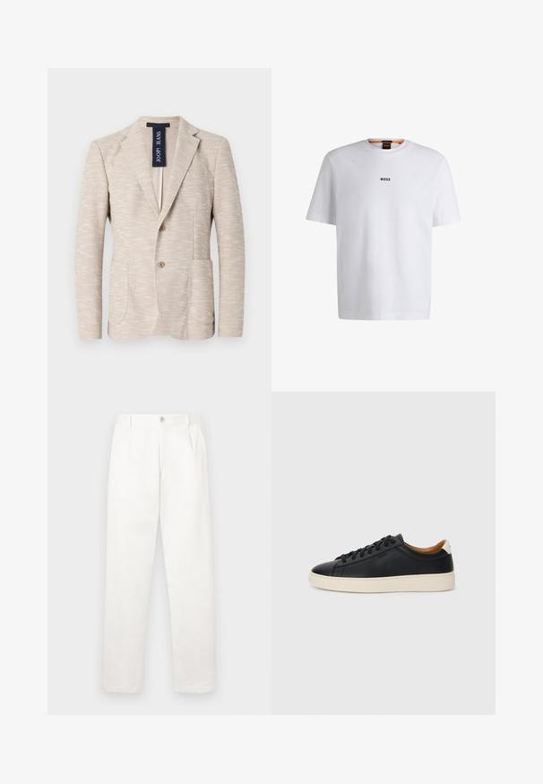 Bež blazer iz teksturiranega materiala, z izrezanim ovratnikom, dvema gumboma in dvema sprednjima žepoma. Blagovna znamka vidna znotraj.; Bela bomba iz bombaža s kratkimi rokavi, ki ima črni logotip "BOSS" na sredini prsnega dela in okroglo obliko ovratnika.; Bele hlače iz gladkega blaga, z ravnimi nogami, sprednjimi gubami in enim gumbom za zapiranje v pasu.; Črne usnjene superge z gladko teksturo, bež gumijastim podplatom, zavezovalnim dizajnom in kontrastnim nagibom na peti.