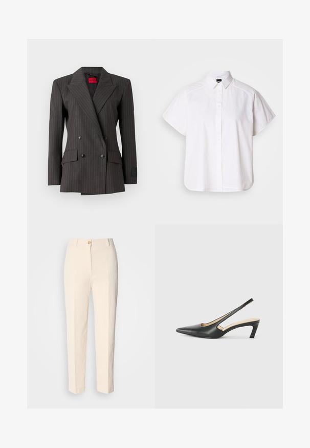 Blazer de doble cara en gris oscuro con un patrón de rayas. Presenta grandes solapas, botones negros y bolsillos laterales. Etiqueta visible en el interior.; Camisa blanca de manga corta con botones, cuello con puntas y dobladillo curvado. Fabricada en algodón con una textura suave y sin patrones visibles.; Pantalones de color crema, de cintura alta, hechos de tela texturizada. Cuentan con un cierre de botón en la parte frontal y piernas ajustadas.; Zapato negro de punta afilada tipo slingback con un tacón bajo, que presenta un material de cuero suave y un diseño recortado en el lateral para mayor transpirabilidad.
