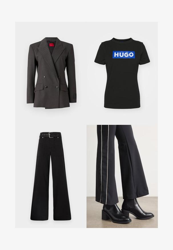 Blazer dublu șiruit de culoare gri închis cu un model cu dungi. Are revere mari, butoane negre și buzunare laterale. Eticheta este vizibilă în interior.; Tricou negru cu mânecă scurtă, confecționat din bumbac, având un grafic rectangular mare de culoare albastră cu cuvântul "HUGO" scris cu litere albe, îndrăznețe.; Pantaloni negri cu croială largă, confecționați din bumbac, cu talie înaltă, buzunare laterale mari și talie prevăzută cu brâu cu accente din metal argintiu.; Bocanci de piele negri până la gleznă, cu toc pătrat, având panouri elastice pe laterale. Asortați cu pantaloni negri care au o dungi albă pe lateral.